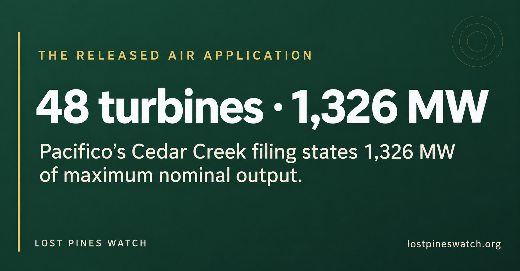 48 turbines · 1,326 MW. Pacifico’s Cedar Creek air application identifies 48 gas turbines with 1,326 MW of stated maximum nominal output.