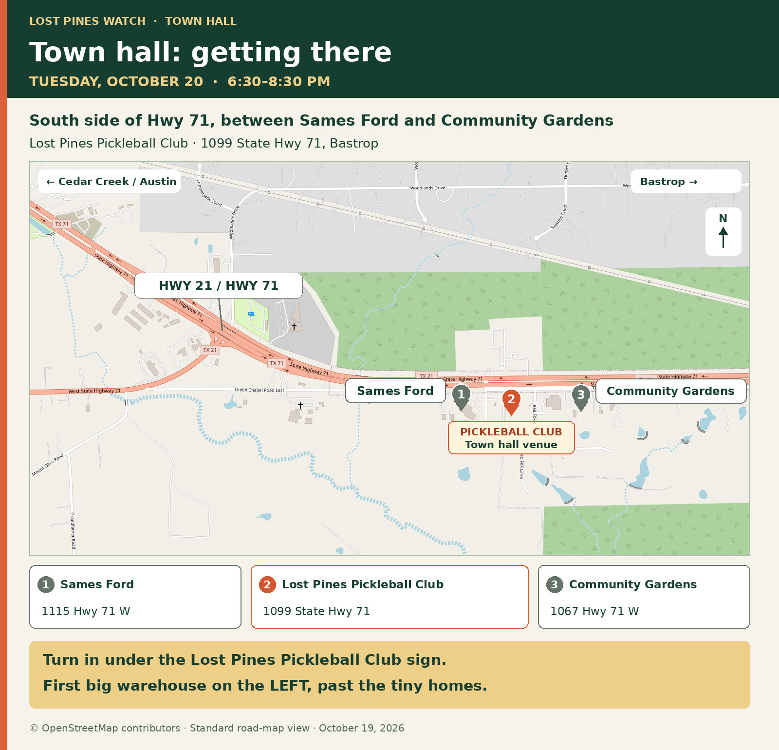 North-up standard OpenStreetMap road map including the Highway 21–Highway 71 junction west of the venue. Sames Ford at 1115 Hwy 71 W is west of Lost Pines Pickleball Club at 1099 State Hwy 71; Community Gardens at 1067 Hwy 71 W is east of the club. All three are on the south side of Highway 71. The town hall is in the first big warehouse on the left, past the tiny homes.